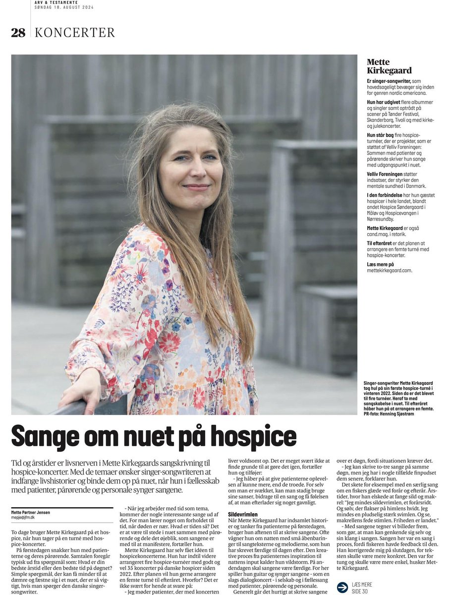mettekirkegaard's tweet photo. Nyt interview om mine sange på Hospices var i går i 14 dagblades Tillæg Arv &amp; Testamente - i JFM Medier - taknemmelig for at måtte dele mine oplevelser med flere #mentallindring #patienter https://t.co/PTjUbCHTCX