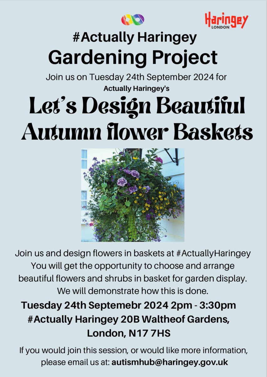 Hi Everyone,
#ActuallyHaringey Autism Hub service
If you know a resident that is autistic without a learning disability, or neurodivergent, age 16+ who lives in Haringey that may benefit from these sessions, please register their interest, email:autismhub@haringey.gov.uk