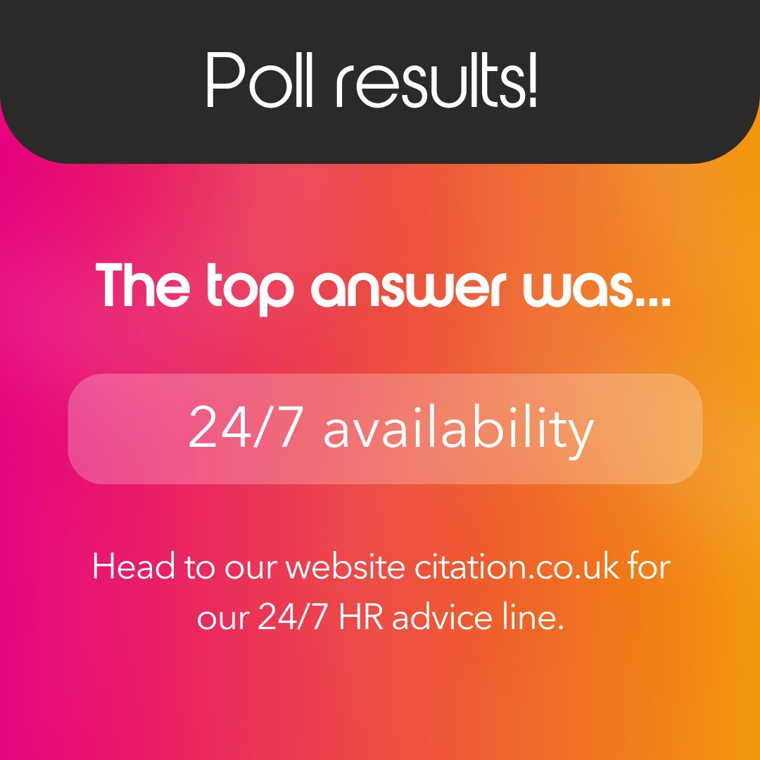 citationltd's tweet image. Last week, we asked our LinkedIn audience: &quot;What would you value most in an HR advice service?&quot; The answer with the most votes was 24/7 availability!

See how Citation can provide this and more for your business: eu1.hubs.ly/H0bPgmH0

#HRSupport #ExpertHR #Citation