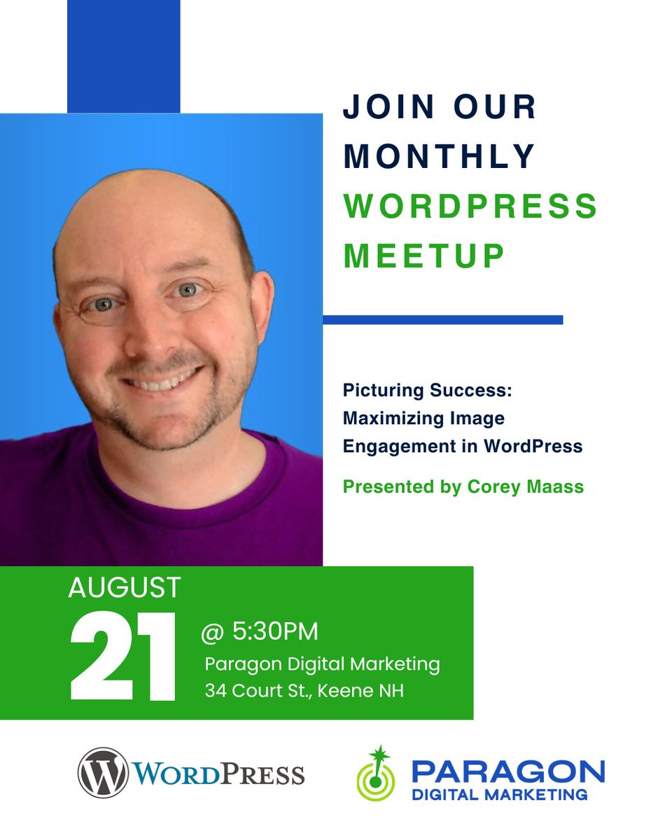 Join us for our monthly WordPress Meetup on Wednesday, August 21st, at 5:30pm where we'll explore maximizing the impact of images in #WordPress. Veteran developer <a href="/coreymaass/">Corey Maass</a> will share his presentation on using relevant and compelling images. Learn more: hubs.la/Q02LJ09J0