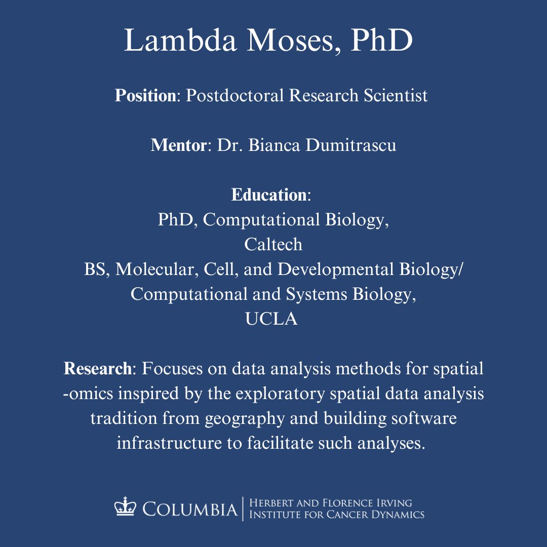 We are excited to welcome Dr. Lambda Moses, our new Postdoctoral  Research Scientist! She specializes in spatial-omics data analysis and  software development. In the <a href="/bidumit/">bianca dumitrascu</a> group, Lambda focuses on  computational biology, single-cell genomics, and statistical  bioinformatics.