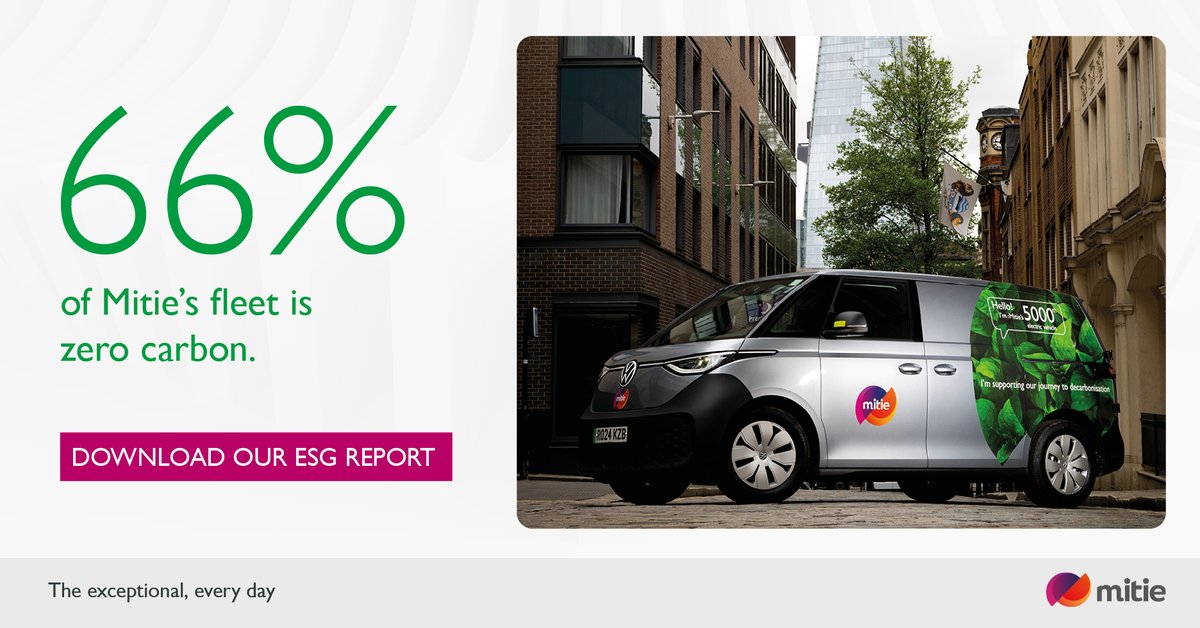 mitie's tweet image. We’re powering ahead with our electric vehicle (#EV) strategy. During FY24, Mitie transitioned almost 2,000 vehicles, meaning 66% of our fleet is now electric – and putting us on track to hit 80% by the end of FY25.

Find out more in our new ESG Report &amp;gt; hubs.ly/Q02K7pkp0