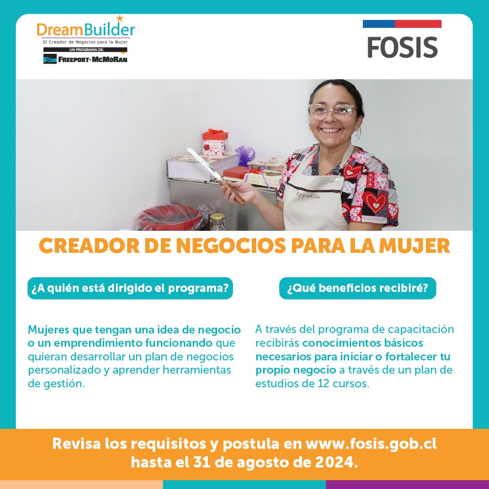 FOSIS_Chile's tweet photo. El FOSIS y Minera Freeport-McMoRan, a través de su programa #DreamBuilder, invitan a mujeres a capacitarse para iniciar o fortalecer su propio negocio.

Revisa los requisitos y postula en 👉😎 https://t.co/qVMSzE0wRH https://t.co/OuE2uzE11X