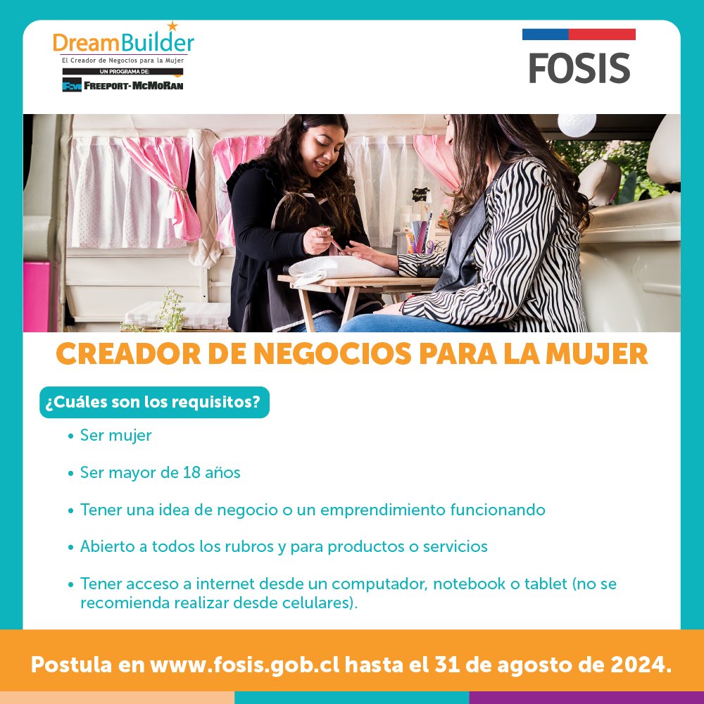 El FOSIS y Minera Freeport-McMoRan, a través de su programa #DreamBuilder, invitan a mujeres a capacitarse para iniciar o fortalecer su propio negocio.

Revisa los requisitos y postula en 👉😎 fosis.gob.cl