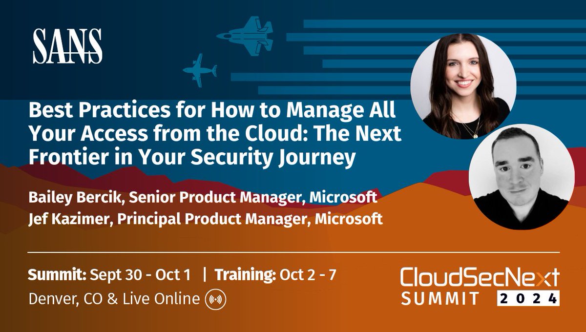 SANS Cloud Security (@sanscloudsec) on Twitter photo In this #CloudSecNextSummit talk, <a href="/BaileyBercik/">Bailey Bercik - @baileybercik@infosec.exchange</a> and <a href="/JefTek/">Jef Kazimer</a> will share best practices for how to manage all your access from the cloud to prepare you for the next frontier in your security journey.
Secure Your Spot | Sept 30-Oct 1: sans.org/u/1uDe In this #CloudSecNextSummit talk, <a href="/BaileyBercik/">Bailey Bercik - @baileybercik@infosec.exchange</a> and <a href="/JefTek/">Jef Kazimer</a> will share best practices for how to manage all your access from the cloud to prepare you for the next frontier in your security journey.
Secure Your Spot | Sept 30-Oct 1: sans.org/u/1uDe