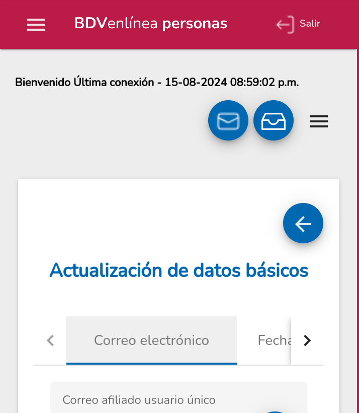 BreakBancario's tweet photo. El BDV Banco de Venezuela permite hacer cambio de correo electrónico afiliado al usuario único, a través de #BDVenLinea 🖱️ Personas con la Actualización de datos básicos ⬇️ https://t.co/nfr69LluXi