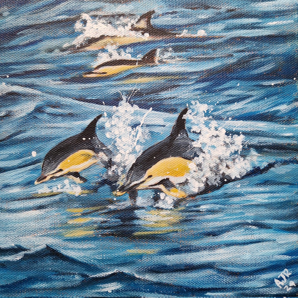 Common dolphins surfing in the radiating bow wave of a cruise ship, based on a photo I took just coming into Lisbon last month.