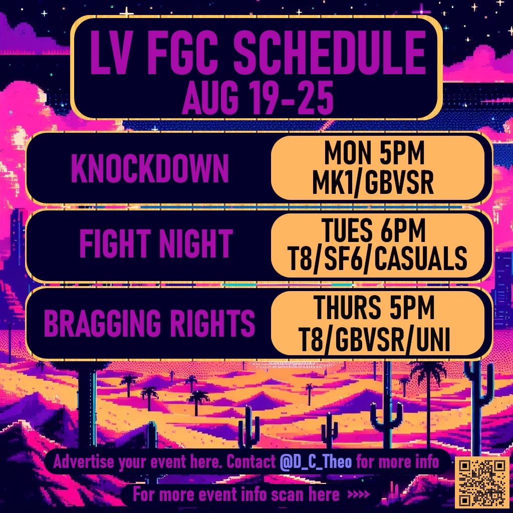 LasVegas_FGC's tweet image. Las Vegas FGC schedule

August 19th - 25th

Mon - Knockdown @HyperXArena
Tues - Fight Night @VESportsInc
Thurs - Bragging Rights @thepeoplescard / @DiontaiDc

Further details: linktr.ee/lvfgc2024

Contact @D_C_Theo for more info.