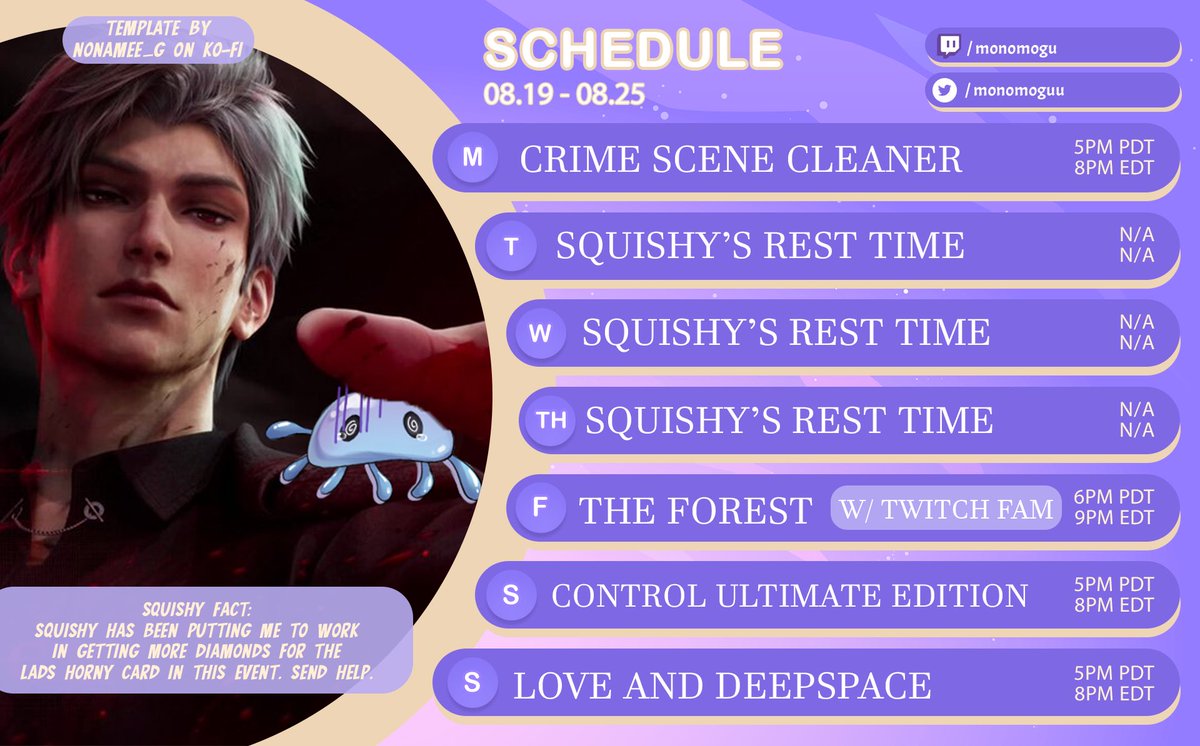 🪼 Schedule! 🪼

Playing Love and Deepspace on Sunday, will continue to grind these diamonds to hopefully get to pity at least one of the cards out right now...  but also going back into the forest with the family! 

I hope everyone has a great week!