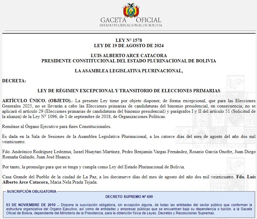 #ÚLTIMO 

🔴Presidente Arce promulga la Ley que suspende las elecciones primarias
