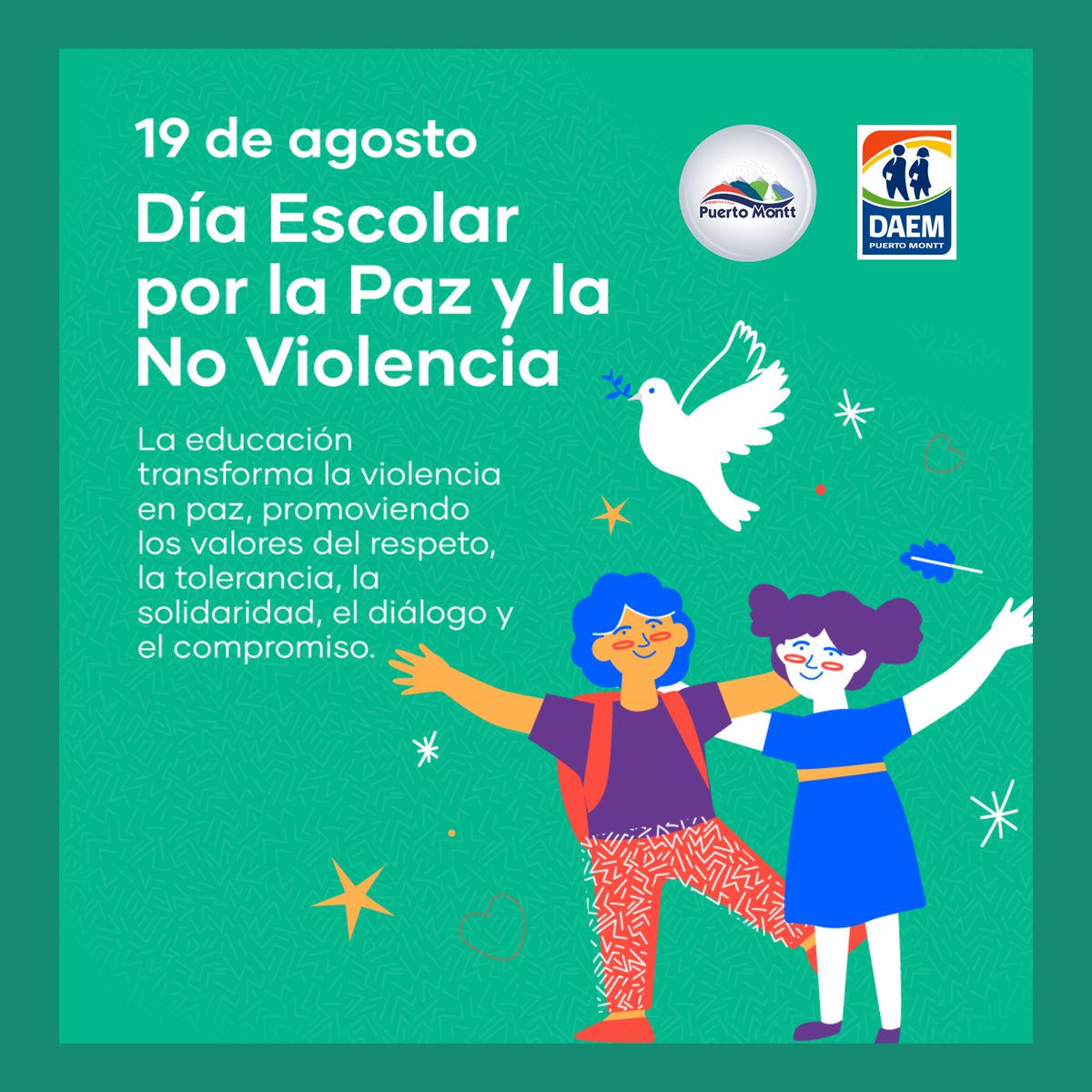 Claro, aquí tienes la adaptación para Twitter:

🕊️ En el Día Escolar por la Paz y la No Violencia, te animamos a enseñar desde temprana edad la empatía y el respeto. 
Con charlas, talleres y dinámicas, fortalecemos comunidades escolares inclusivas y armoniosas. #PuertoMontt