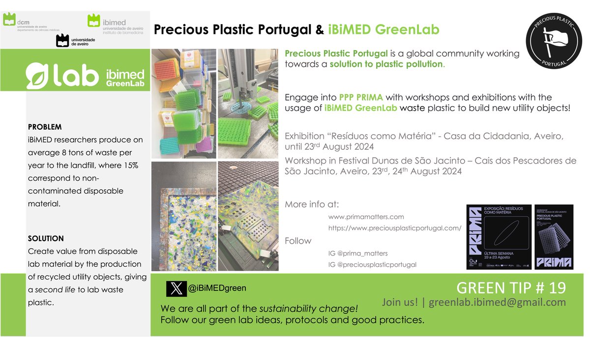 iBiMED Green Lab (@ibimedgreen) on Twitter photo <a href="/iBiMEDgreen/">iBiMED Green Lab</a> and Precious Plastic Portugal ensure second life for non-contaminated disposable plastic waste generated <a href="/ibimed_ua/">Institute of Biomedicine - iBiMED</a>!
Visit PPP and PRIMA exhibitions and workshops in Aveiro.
primamatters.com
preciousplasticportugal.com
<a href="/UnivAveiro/">Universidade Aveiro</a> <a href="/greenlabsPT/">Green Labs Portugal</a> <a href="/SELS_Network/">Sustainable European Laboratories Network</a> <a href="/iBiMEDgreen/">iBiMED Green Lab</a> and Precious Plastic Portugal ensure second life for non-contaminated disposable plastic waste generated <a href="/ibimed_ua/">Institute of Biomedicine - iBiMED</a>!
Visit PPP and PRIMA exhibitions and workshops in Aveiro.
primamatters.com
preciousplasticportugal.com
<a href="/UnivAveiro/">Universidade Aveiro</a> <a href="/greenlabsPT/">Green Labs Portugal</a> <a href="/SELS_Network/">Sustainable European Laboratories Network</a>