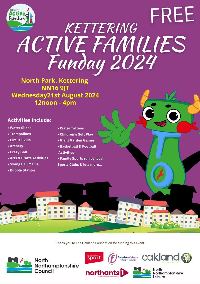 This week our Active Families Funday - Wednesday 21st August, at North Park in Kettering, from 12noon to 4pm. Please visit our website: northnorthants.gov.uk/holidayactivit… to find out more.
<a href="/NNorthantsC/">North Northamptonshire Council</a> <a href="/PublicHealthNN/">Public Health North Northamptonshire</a> <a href="/KetteringTC/">Kettering Town Council</a> <a href="/Northants1Radio/">Northants 1</a> <a href="/Freedomleisure/">Freedom Leisure</a>
