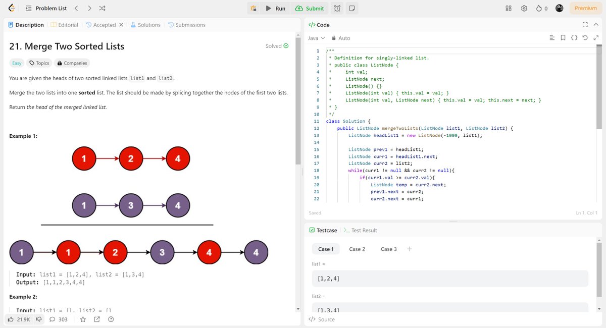 Sadharan_Coder's tweet image. Today&apos;s @LeetCode problem: Merge two sorted lists.
I didn&apos;t have to google anything for this one. Got this one right in Java.