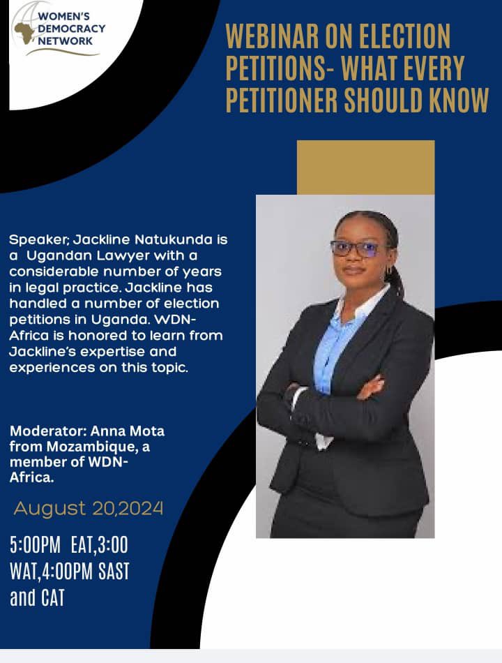 Our Associate Partner, <a href="/JacklineNatuku1/">Jackline Natukunda</a>, will be hosted by the Women’s Democracy Network (WDN) tomorrow to discuss election petitions. WDN aims to empower women to pursue activism and leadership in the public sphere.