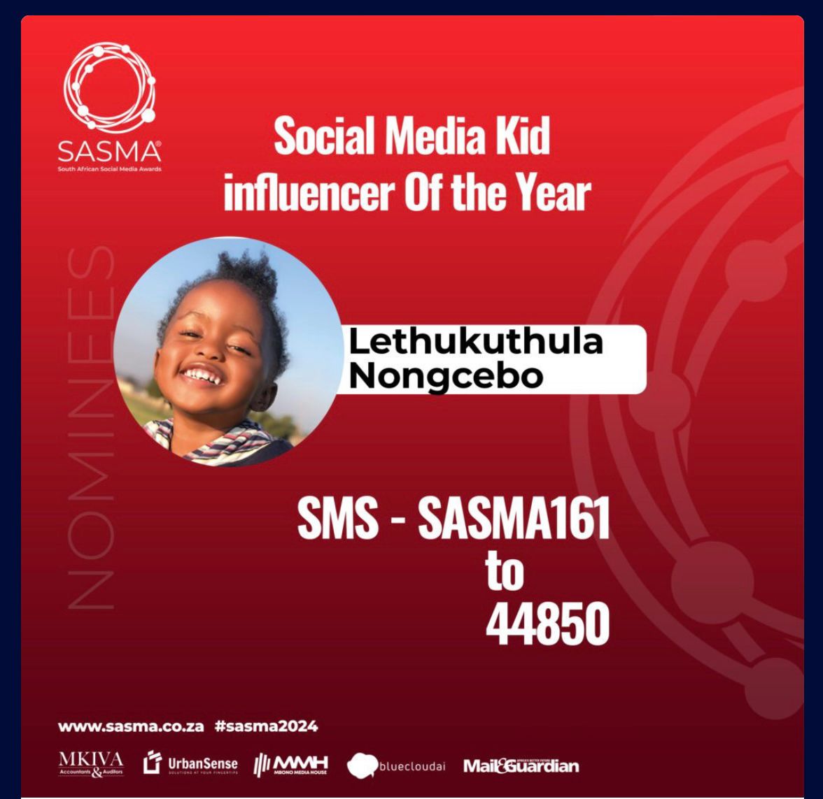 KabeloMohlah02's tweet photo. Hello fam, my niece Lethu is nominated again for Social Media Kid influencer of the Year 

please  vote for my niece, Lethukuthula Nongcebo Bhengu🥺❤️Nkosiyam.  🙏🏾 https://t.co/NBzj7zy3tc