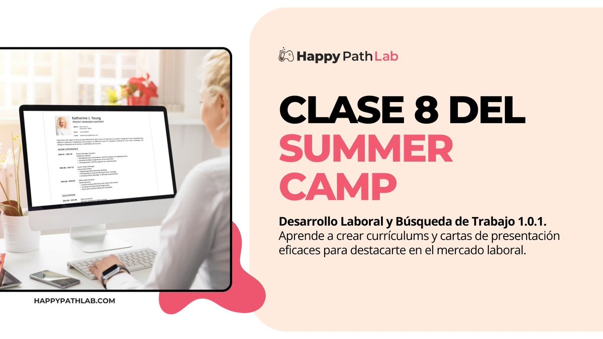 HappyPathLABes's tweet image. 📝 19 de agosto, 6:30 PM: Clase 8 - Desarrollo Laboral y Búsqueda de Trabajo 1.0.1. ¡Crea currículums y cartas de presentación eficaces! #DesarrolloLaboral #HappyPathLAB