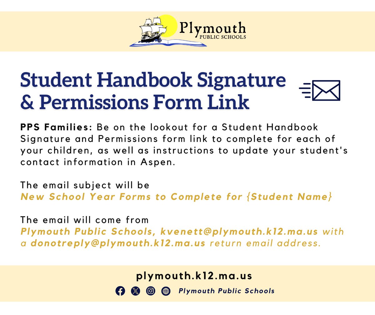 📨 PPS Families: Be on the lookout for a Student Handbook Signature and Permissions form link to complete for each of your children, as well as instructions to update your student's contact information in Aspen. 📨