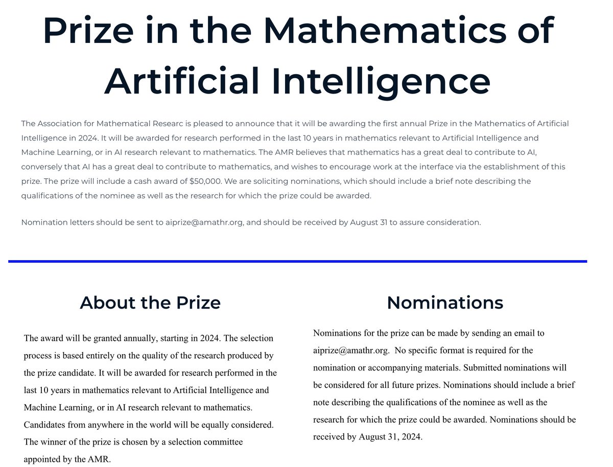 Csaba Szepesvari (@csabaszepesvari) on Twitter photo amathr.org/prizes/aiprize/
The Association for Mathematic Research announces "Prize in the Mathematics of Artificial Intelligence". I'm in the selection committee. The goal is to inspire young people to work on the intersection of AI and maths. Nominations to aiprize@amathr.org amathr.org/prizes/aiprize/
The Association for Mathematic Research announces "Prize in the Mathematics of Artificial Intelligence". I'm in the selection committee. The goal is to inspire young people to work on the intersection of AI and maths. Nominations to aiprize@amathr.org
