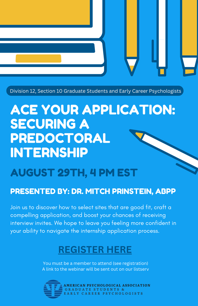 APA Div12 Grad Students & ECPs (@apagradecp) on Twitter photo Join us on 8/29 at 4PM EST to learn from Dr. Mitch Prinstein <a href="/mitchprinstein/">Mitch Prinstein</a> on how to ace your APA predoctoral internship applications! We'd love to see you there!
Sign up here: tinyurl.com/yxw5vv6u
#AcademicTwitter #psychtwitter <a href="/APA/">American Psychological Association</a> <a href="/SCPdiv12/">Society of Clinical Psychology (APA Div. 12)</a> Join us on 8/29 at 4PM EST to learn from Dr. Mitch Prinstein <a href="/mitchprinstein/">Mitch Prinstein</a> on how to ace your APA predoctoral internship applications! We'd love to see you there!
Sign up here: tinyurl.com/yxw5vv6u
#AcademicTwitter #psychtwitter <a href="/APA/">American Psychological Association</a> <a href="/SCPdiv12/">Society of Clinical Psychology (APA Div. 12)</a>