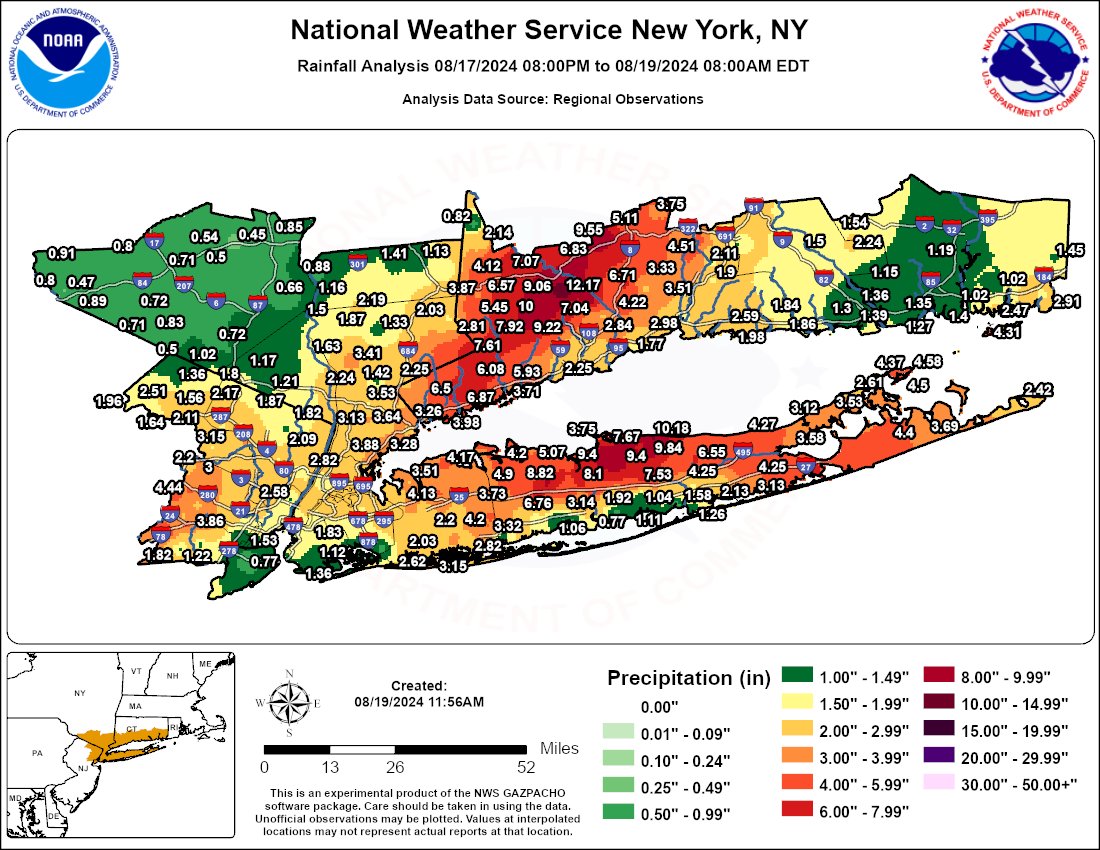 Here are the latest storm total rainfall reports from Saturday night through Monday morning. Heavy rainfall led to catastrophic flooding in portions of southwestern CT, and northwestern Suffolk. Locally, amounts were over 10 inches. Continue to heed remaining road closures.