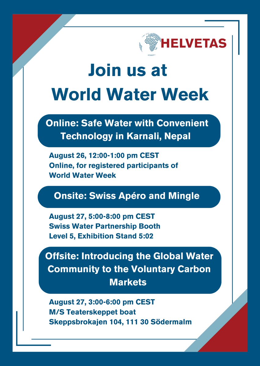 Are you attending #WorldWaterWeek? 

We'd love to connect with you at one of the three events below! 

We look forward to exploring how we can work together to create a more water-secure future. 💧🌍

<a href="/siwi_www/">World Water Week</a>