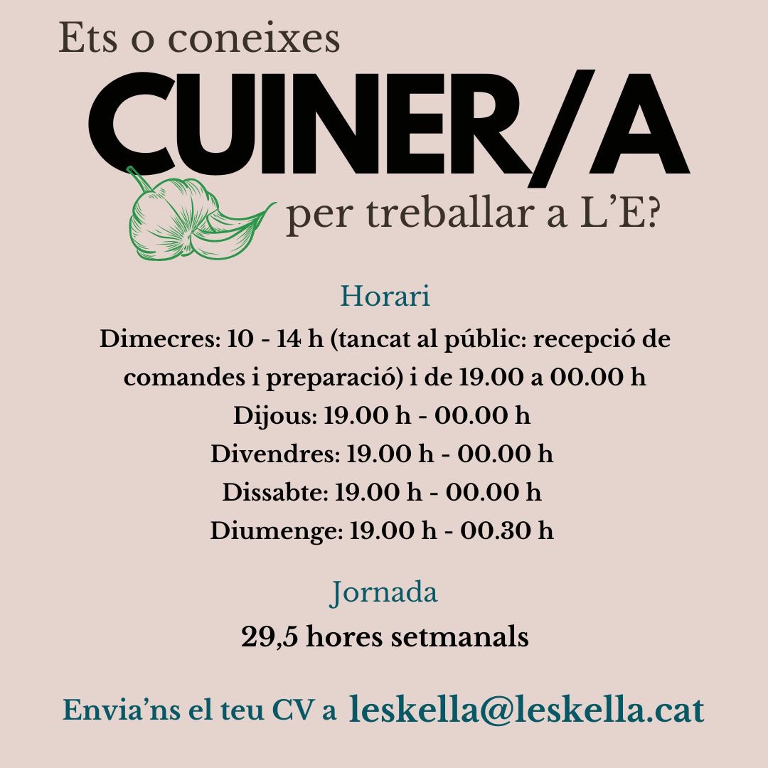 L'Eskella (@leskellasvh) on Twitter photo 🍅 BUSQUEM CUINER/A 🫑
T’interessa o coneixes algú a qui pugui interessar? 📩CV a leskella@leskella.cat 📩
Agraïm el boca-orella o qualsevol altre tipus de difusió! 👂📣🙏 🍅 BUSQUEM CUINER/A 🫑
T’interessa o coneixes algú a qui pugui interessar? 📩CV a leskella@leskella.cat 📩
Agraïm el boca-orella o qualsevol altre tipus de difusió! 👂📣🙏