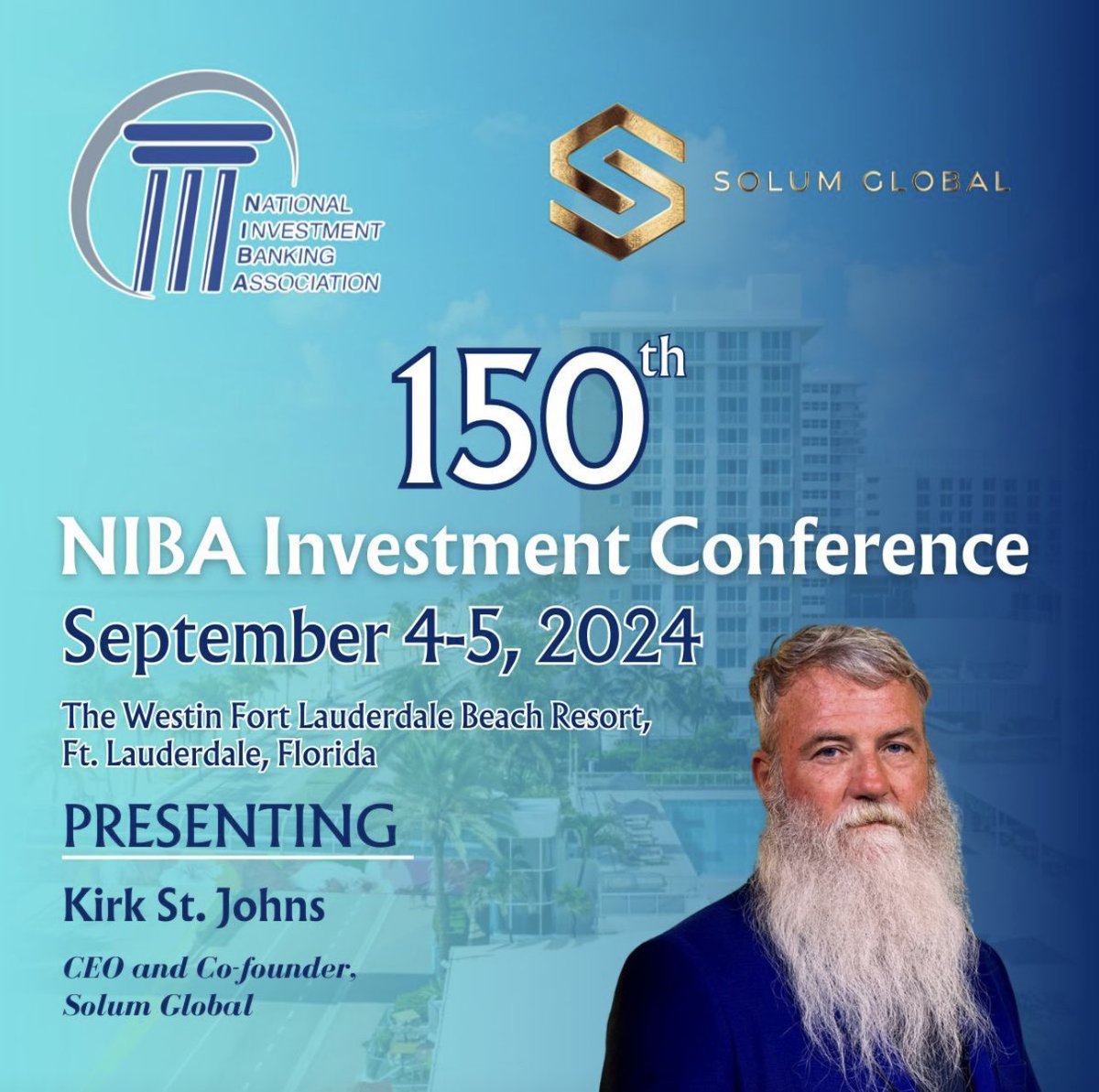 Solum Global, Co-Founder and CEO, Kirk St Johns, will be presenting at this year's National Investment Banking Association Conference in Fort Lauderdale, FL.

Solum Global sets a new standard in asset security and stability by bridging the gap between digital currencies and