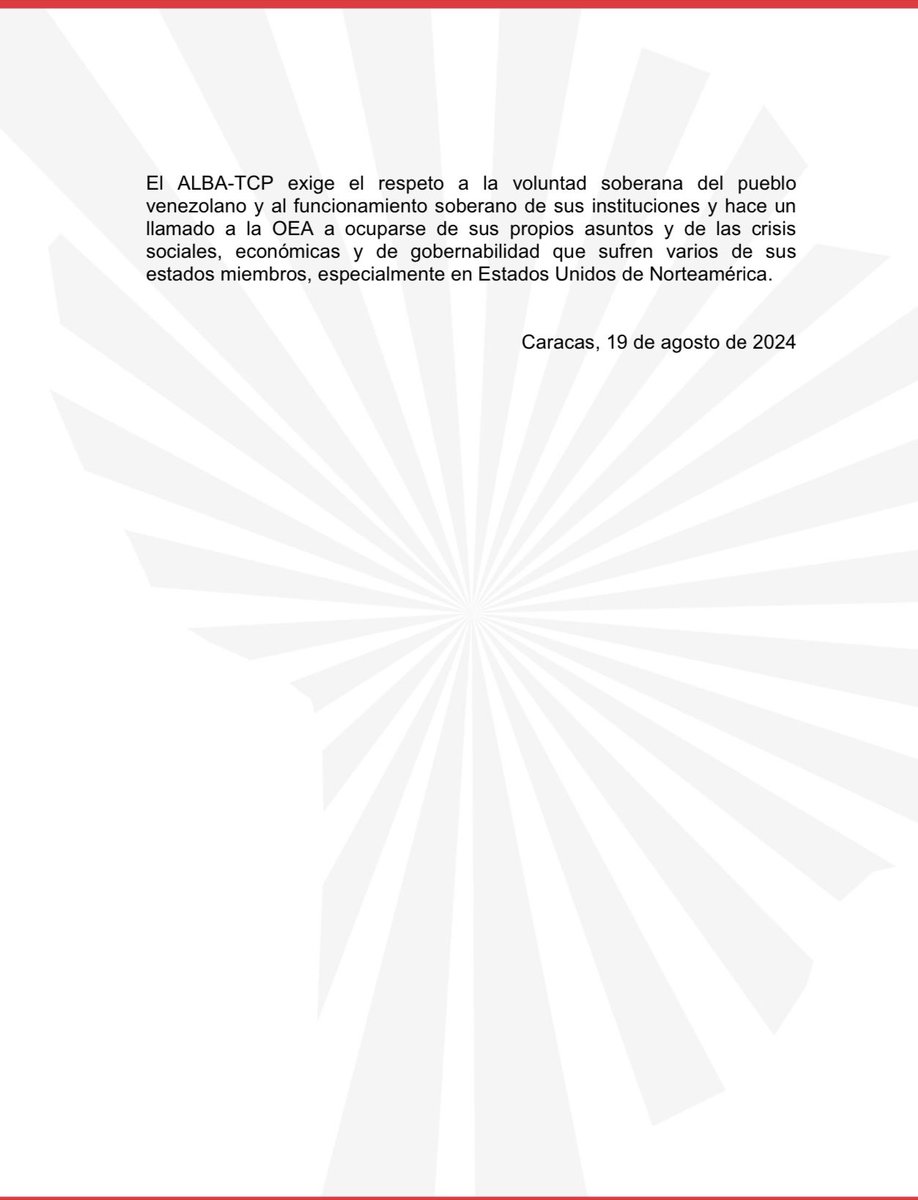#Comunicado | ALBA-TCP rechaza resolución sobre situación en Venezuela de la OEA

El ALBA-TCP exige el respeto a la voluntad soberana del pueblo venezolano y al funcionamiento soberano de sus instituciones y hace un llamado a la OEA a ocuparse de sus propios asuntos y de las