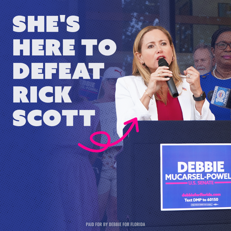 DebbieforFL's tweet photo. BREAKING NEWS: Debbie Mucarsel-Powell is the OFFICIAL Democratic nominee. And she’s ready to retire Rick Scott and flip Florida blue — but she needs your help to finish the job. Will you chip in to help Debbie win this battleground race?