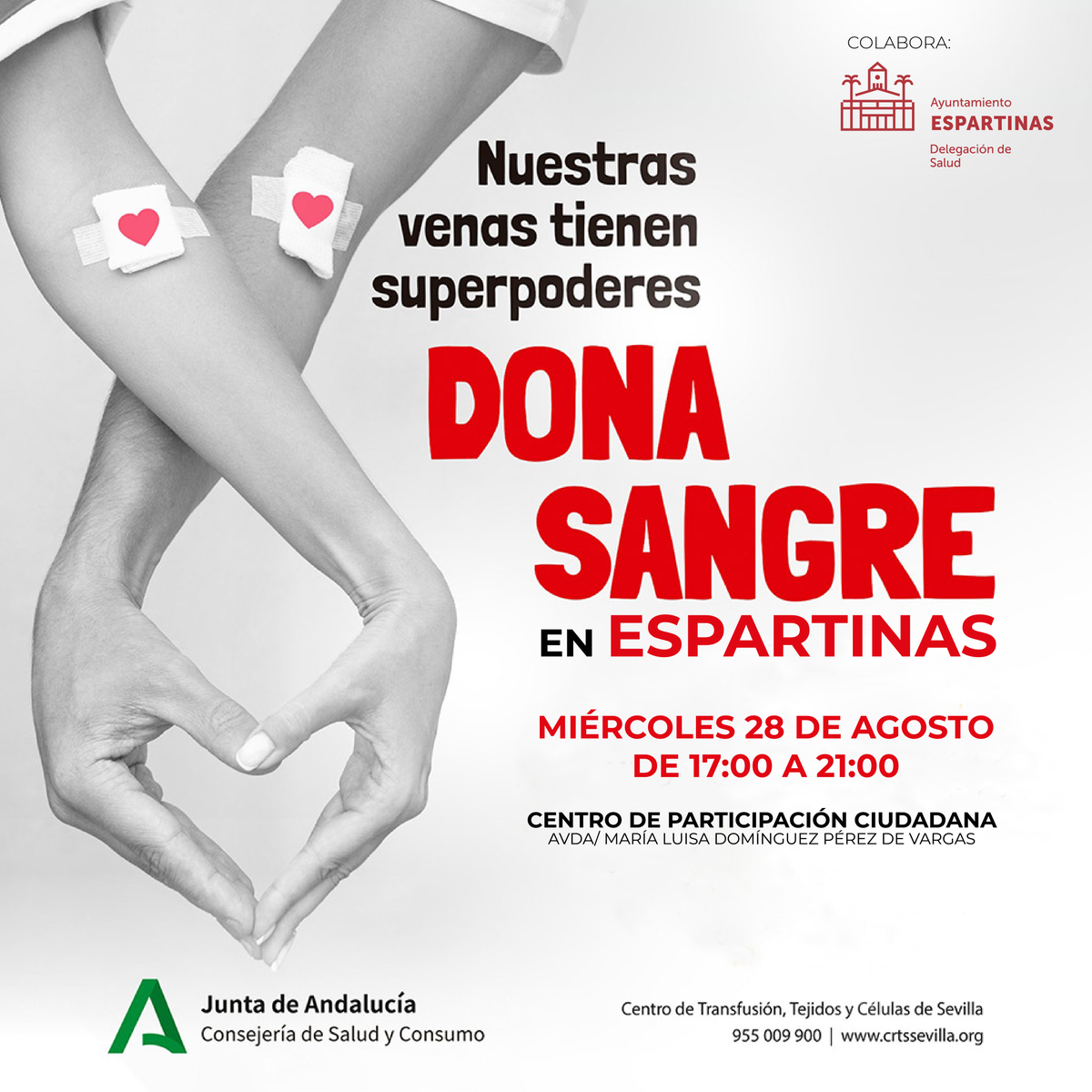 👩🔬 La nueva 𝐜𝐚𝐦𝐩𝐚𝐧̃𝐚 𝐝𝐞 𝐝𝐨𝐧𝐚𝐜𝐢𝐨́𝐧 𝐝𝐞 𝐬𝐚𝐧𝐠𝐫𝐞 en Espartinas tendrá lugar el próximo miércoles 28 de agosto.

🩸Se necesita sangre de todos los grupos.
🏥 Centro de Participación Ciudadana (Avda. María Domínguez Pérez de Vargas)
⏰ De 17:00h a 21:00 h