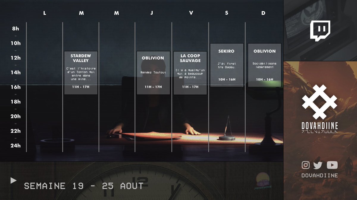 Planning !

- du Stardew avec <a href="/tonton_nurgle/">Tonton_Nurgle</a> 
- poursuite d'Oblivion, maintenant que les 9 m'ont tout pardonné
- p'tite coop sauvage incoming (quelqu'un a beaucoup de points 👀)
- suite de Sekiro (j'ai first try Gyobu)