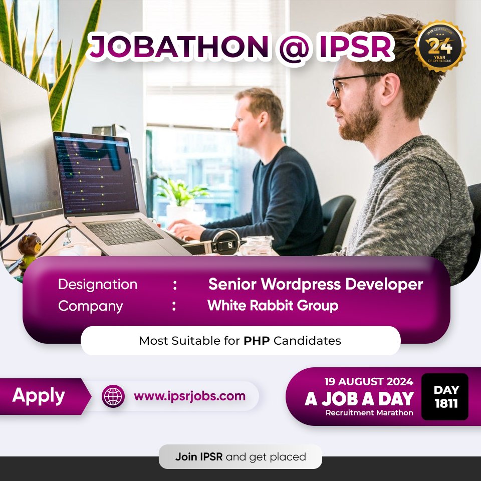 ipsr_solutions's tweet image. Day 1811of our Jobathon!
#JOBATHON Recruitment Marathon by ipsr solutions ltd

For more details: ipsr.org/app/placements…

#wordpress #seniorwordpressdeveloper #wordpressdeveloper #ipsrjobs #jobs2024 #ipsr #24yearsofipsr #careeropportunity #ltjobs #MNCJobs #techcelerating_careers