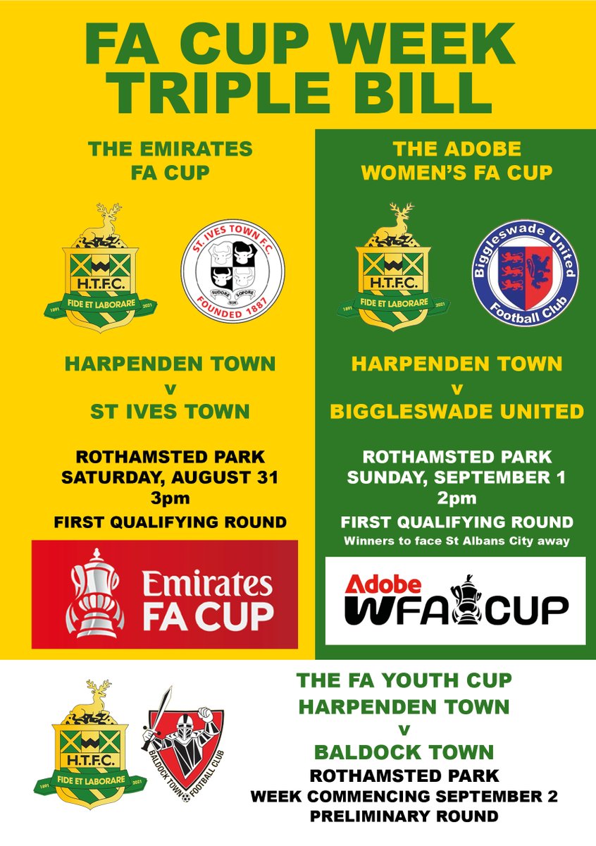 Harpenden_Town's tweet image. 🏆 The draw sets up a fantastic triple bill of FA Cup action at Rothamsted Park in a couple of weeks' time

🟢🟡 Men v St Ives Town @EmiratesFACup 
🗓️Sat Aug 31

🟢🟡 Women v Biggleswade United @AdobeWFACup 
🗓️ Sun Sept 1

🟢🟡 U18s v Baldock Town FA Youth Cup
🗓️ w/c Sept 2 (TBC)