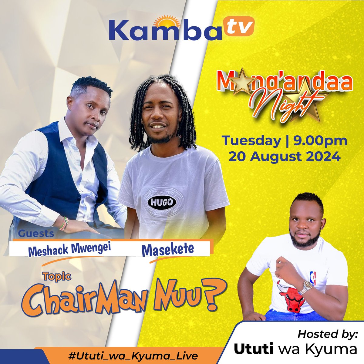 Tomorrow night on #MangandaaNight Meshack Mwengei VS Masekete for the Chairmanship.
#KisesekyaMukamba
#KambaTV