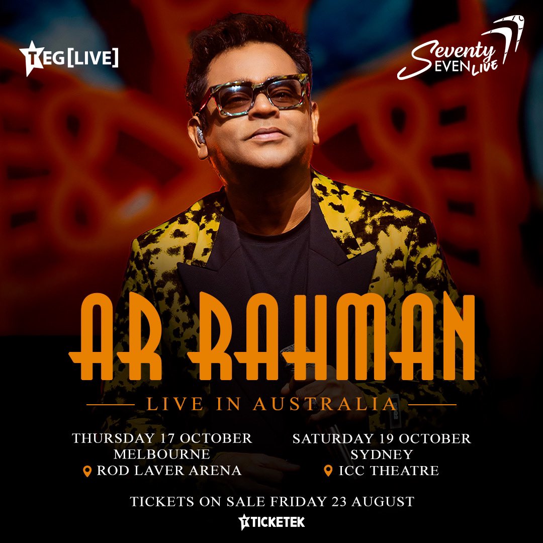 arrahman's tweet photo. Australia, I am pleased to announce that I am heading your way for two very special shows in Melbourne and Sydney this October. 

Sign up to the waitlist to access tickets first  -https://t.co/KQVzwmwG6t 

Pre-Sale: Wednesday, 21 August 2024, 11AM 
GP On Sale: Friday, 23 August 2024, 12PM