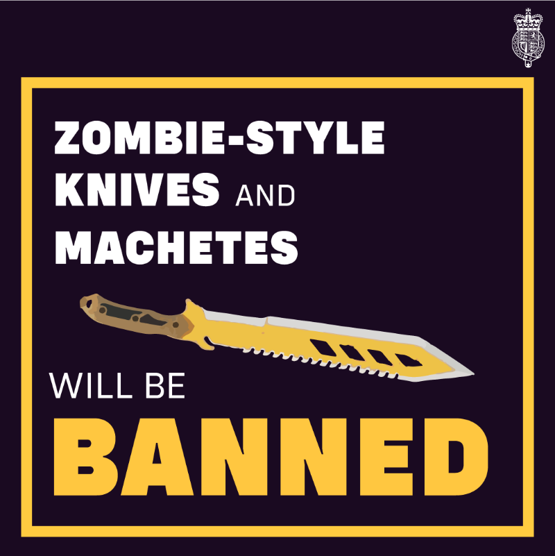 ukhomeoffice's tweet photo. 🚨 Failing to surrender zombie-style knives or machetes could cost you up to two years behind bars.

Knives can be surrendered anonymously to police forces before 24 September through our surrender and compensation scheme.

Don't put your future at risk 👇