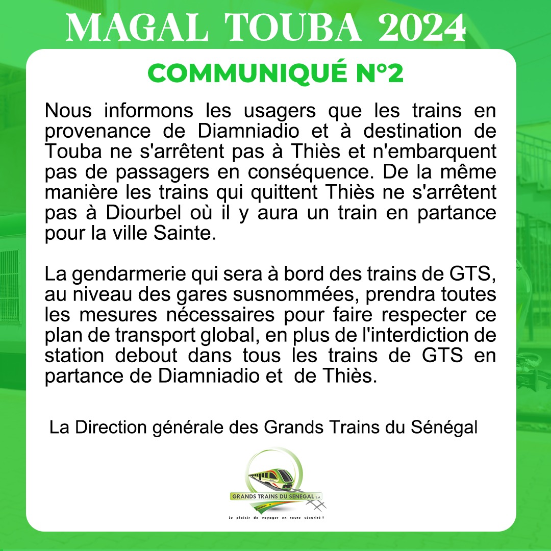 GTS_sn's tweet photo. Communiqué N°2 de la Direction Générale de GTS, relatif au plan de circulation global des trains.
#MITTA #GTS #CFS #SENTER #SETER #TER #BRT #AFTU #AGEROUTE #DDD #magaltouba2024 #dakar #thies https://t.co/dmadP5Ctys