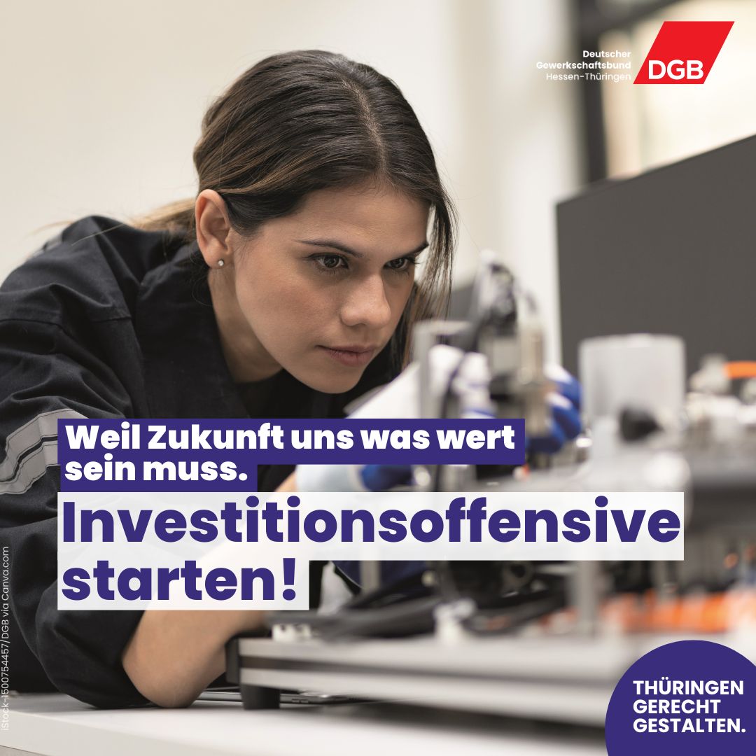 In #Thueringen  gibt es schon heute einen enormen Investitionsstau. Wir fordern von der zukünftigen Landesregierung eine umfassende #Investitionsoffensive. Das stärkt nicht nur den sozialen Zusammenhalt, sondern auch unsere Demokratie.👉 hessen-thueringen.dgb.de/-/81e.