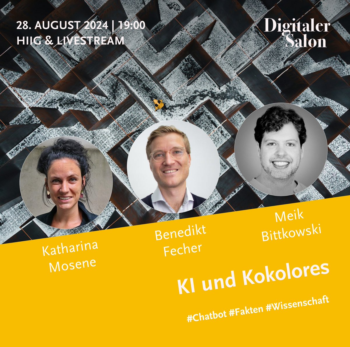 HIIG Berlin (@hiig_berlin) on Twitter photo Wie oft hinterfragst Du „wissenschaftlich fundierte“ Infos? Im #DigSal diskutiert <a href="/mosenii/">Katharina Mosene</a> mit Benedikt Fecher & <a href="/jtchd/">Meik Bittkowski</a> über die Herausforderungen von #KI & Vertrauen in Wissenschaft. Trennen Chatbots #Fakten von #Fiktion?
👉28.Aug am HIIG oder im Stream: hiig.de/events/digital… Wie oft hinterfragst Du „wissenschaftlich fundierte“ Infos? Im #DigSal diskutiert <a href="/mosenii/">Katharina Mosene</a> mit Benedikt Fecher & <a href="/jtchd/">Meik Bittkowski</a> über die Herausforderungen von #KI & Vertrauen in Wissenschaft. Trennen Chatbots #Fakten von #Fiktion?
👉28.Aug am HIIG oder im Stream: hiig.de/events/digital…