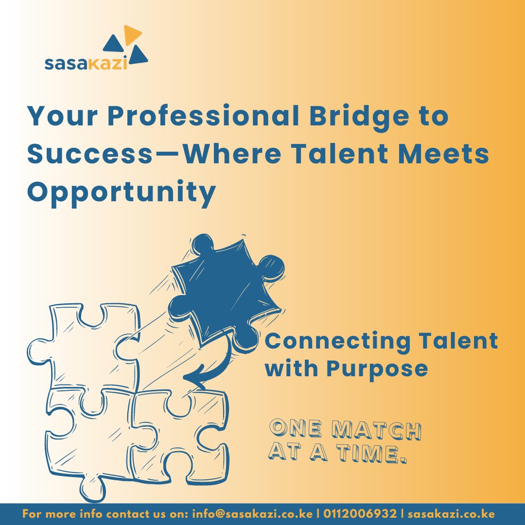 You can call us THE PERFECT MATCHMAKERS!
We  are your professional bridge to success 🚀
Businesses often struggle to find the right fit.
But worry no more—Sasakazi is here for you.
We connect professionals with businesses!

Sign up as a host business at sasazaki.co.ke.