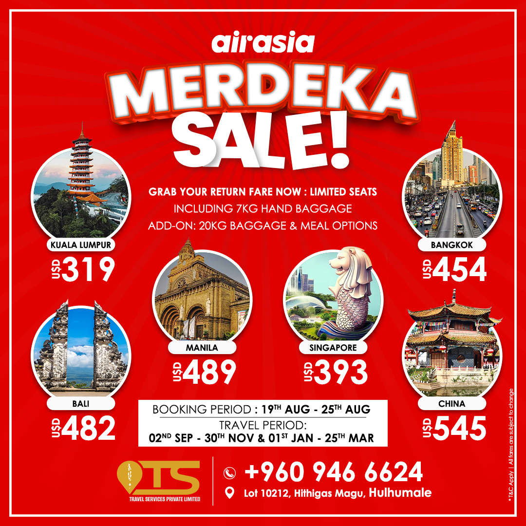 mv_tsm's tweet photo. 🚀 Skyrocket Your Adventures with AirAsia's Merdeka Sale!
Limited Seats, Unlimited Dreams!🌍✈ 

📞 +960 9466624 | 📍 Lot 10212, Hithigas Magu, Hulhumale (Open until 10 PM)

#MerdekaMagic #FlyHigh #AirAsiaAdventure #JetSetGo #airasia #airasiamaldives #flywithtsm https://t.co/EZz8YioUNr