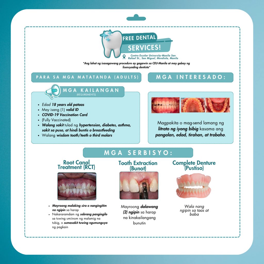 calamaren_'s tweet photo. Hi! I’m currently a Clinician at CEU Manila offering free dental services as requirements for my Clinic 1. If you happen to know someone who fits the given description written in the picture below, feel free to dm me! Thank you so much!! 🫶🏻

A retweet is very much appreciated 🥹 https://t.co/79PvM9Oksy