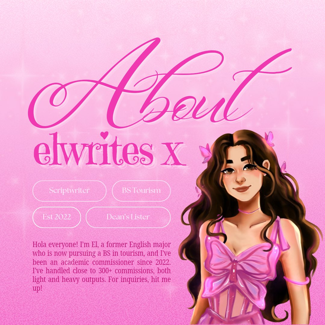 acadlencomms's tweet image. 𝓦𝓮𝓵𝓬𝓸𝓶𝓮 𝓽𝓸 𝓔𝓵'𝓼 𝓕𝓪𝓲𝓻𝔂𝓵𝓪𝓷𝓭 ! 
Transforming ideas into creations like a butterfly that spreads its wings to fly 𓂃 ࣪˖ ִֶָ𐦍
Need a fairy dust for your academic tasks? You just found the right place, kindly refer to the commission sheets below. 
💌 #tyEL