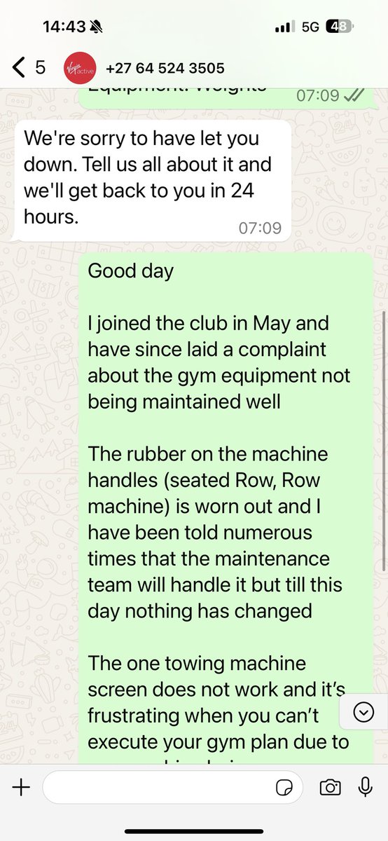 Biggz_MM's tweet photo. @VirginActiveRED 

I submitted the below complaint last week Wednesday and 5 today’s later, no feedback.

Mbombela Riverside branch https://t.co/y69pleeqv2