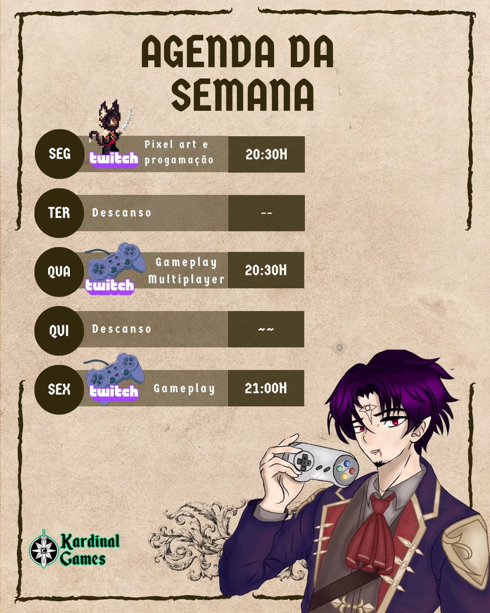 cardinal_games's tweet photo. Agenda da semana!

Espero que tenham uma boa semana.

#vtuberbr #agenda #gamedev  #gameplay https://t.co/Yo9iNgGwB9
