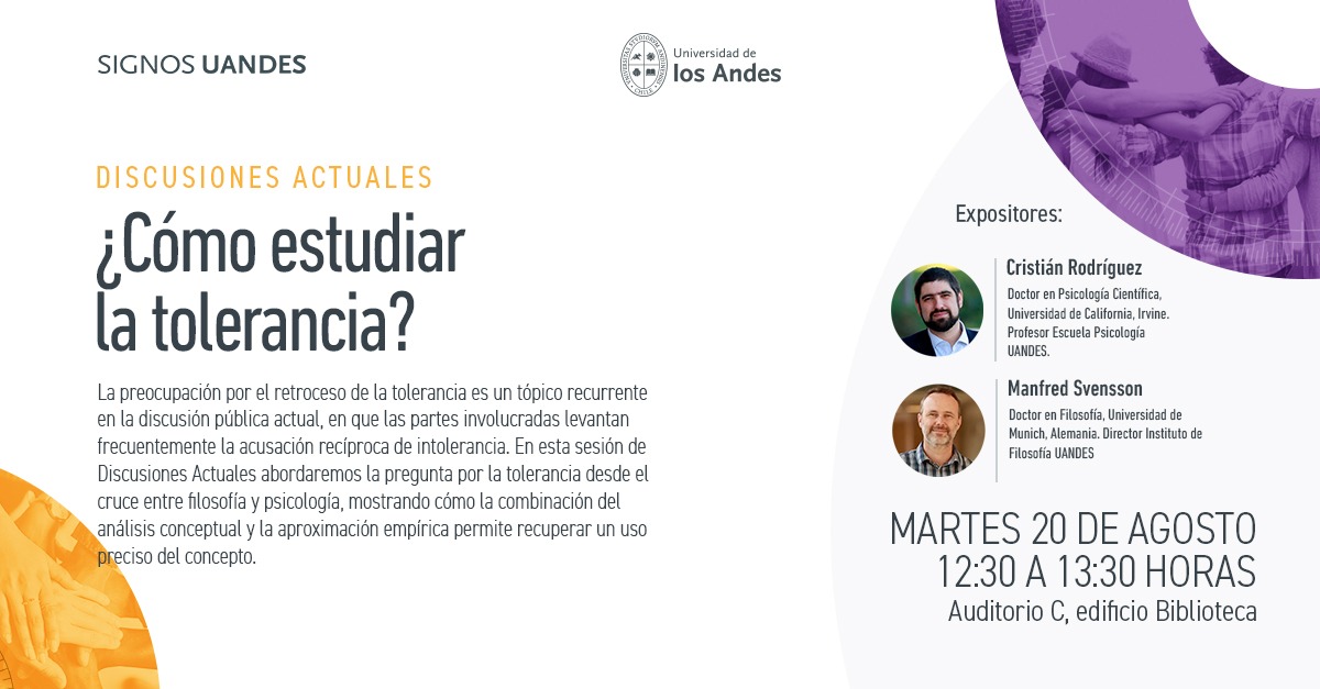 fecheverriab's tweet photo. Mañana martes @SvenssonManfred y @cgrodriguezr conversarán sobre tolerancia en un coloquio de Signos @uandes, moderado por Gabriela Caviedes, todos bienvenidos (inscripciones aquí: https://t.co/HofWQVbfRx) https://t.co/7mOPTbAmWW
