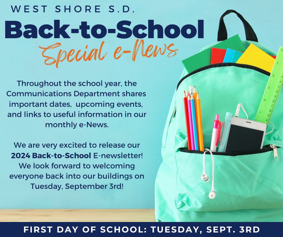 BACK-TO-SCHOOL E-NEWS: We're almost there! Just a little more than two weeks ahead of our first day of school -- Tuesday, September 3rd!   

Link to Back-to-School E-News: smore.com/n/6rzn1 

Have a great rest of Summer Break! We'll see you very soon! #WestShoreProud