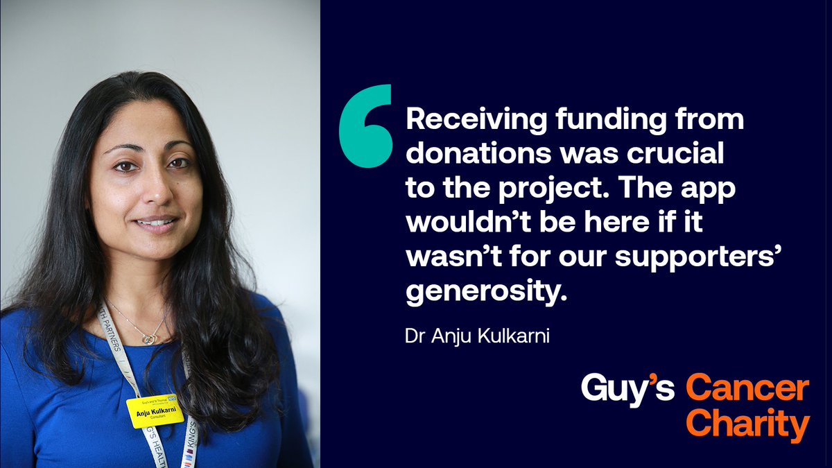 GuysCancerC's tweet photo. Dr Anju Kulkarni, a consultant in #cancer and clinical genetics, had an idea for an innovative new app to determine if someone has an inherited risk of developing cancer.

Thanks to our supporters we were able to help bring it to life. https://t.co/WrRgwxWjho

#GCCProjects #NHS https://t.co/C6FlyHXYyJ