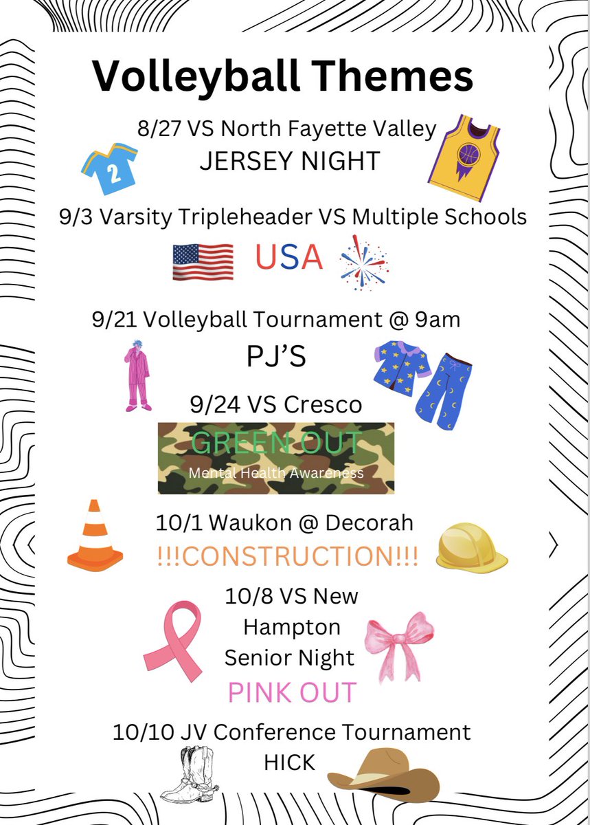 Hey Indian Fans, here are the volleyball themes for at home. There is also one away game added against Decorah. We only have a few home games this year so make sure to come and support! #schoolapropriate